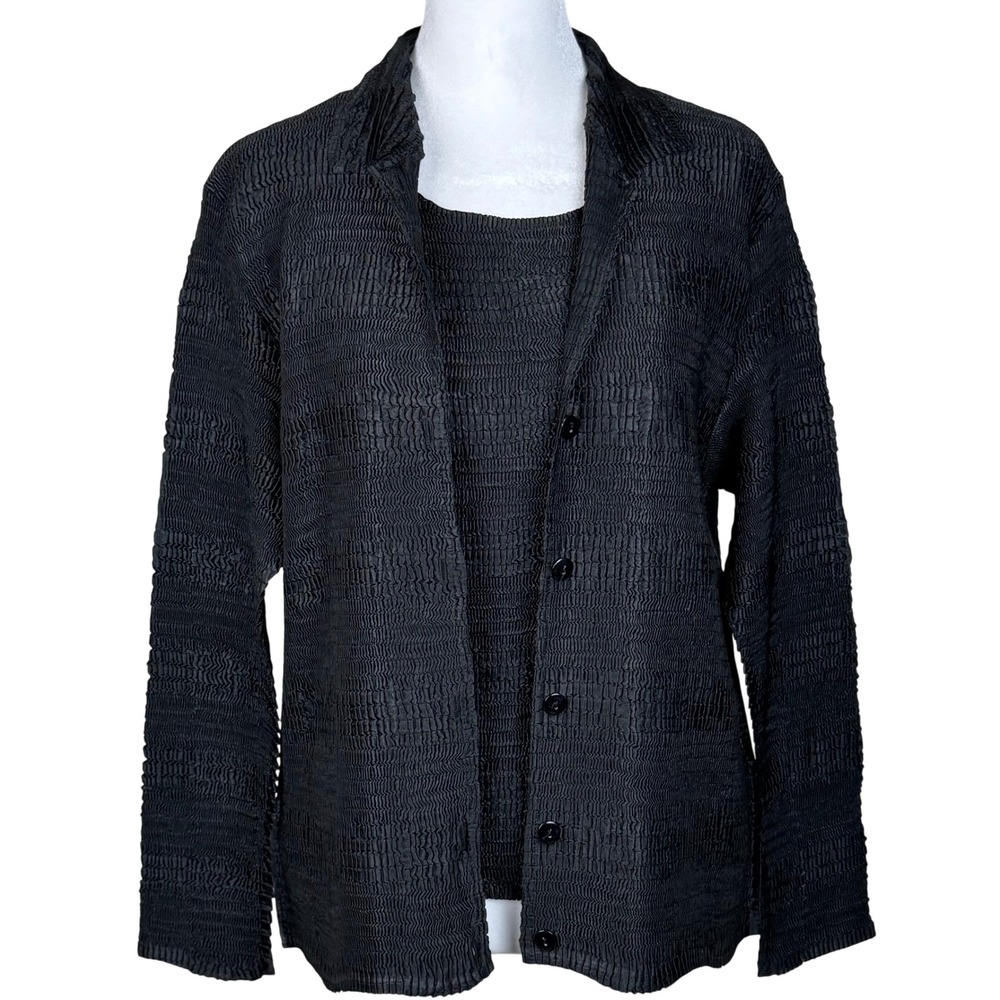 Pile Ou Face Paris Plisse Twin Set Womens OS Black Textured Jacket Tank Top Goth